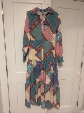 Patchwork Print Long Sleeve Maxi Dress in Teal and Pink